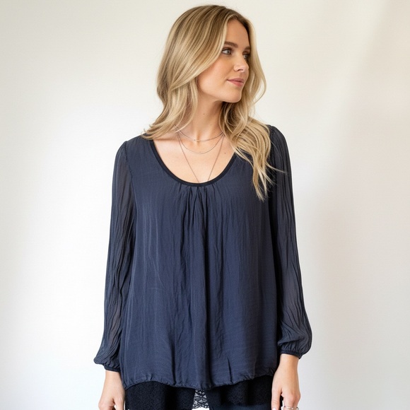 Giusy Tops - GUISY Silk Blouse M Navy Long Sheer Sleeve Chic Romance Poetic Core Puckered